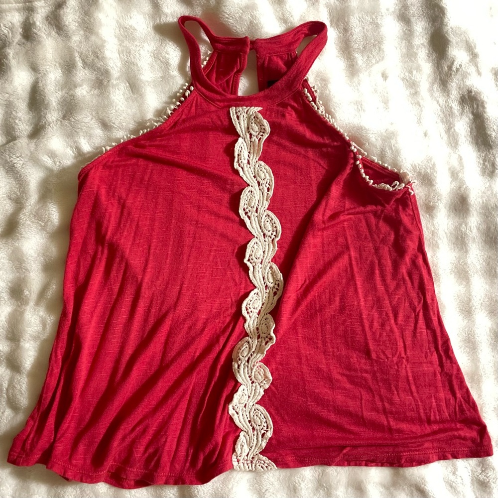 Rue 21 Halter Top Womens S Red Crochet Keyhole Back Flowy Casual Ladies